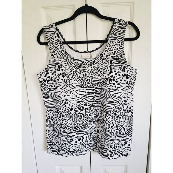 Chico's 2 Black White Pullover Tank Top Animal Print Stretch Wide Straps - Picture 1 of 5